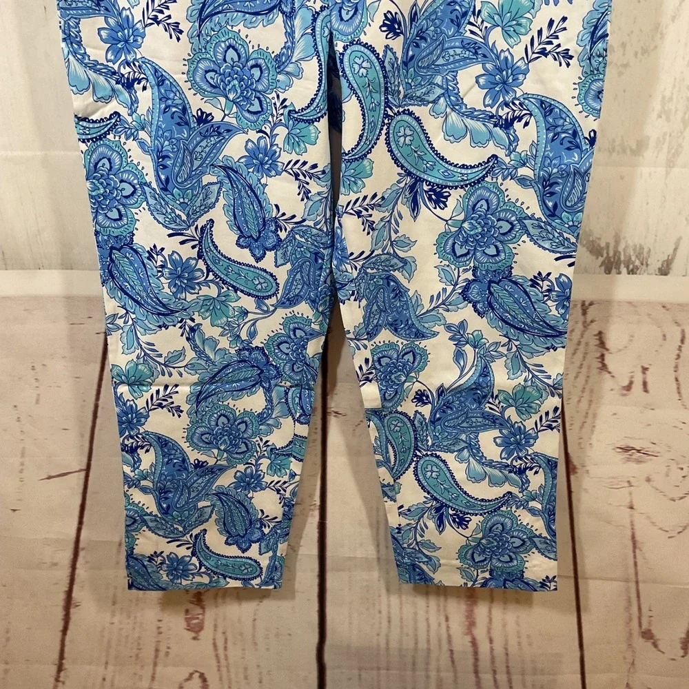 Boston Proper Pants Women's 12 Blue Paisley Floral Print‎ Stretch Cropped Chic